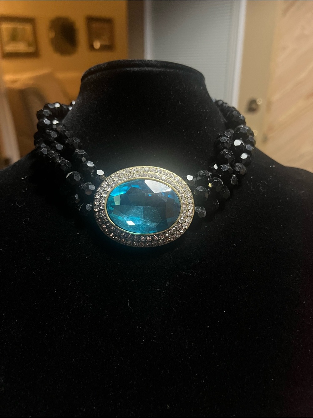 Heidi Daus Blue Crystal Oval Pendant Necklace with Black Beaded Strands